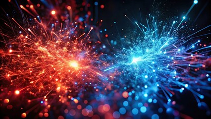 Obraz premium Extreme close-up of red and blue sparks against dark background