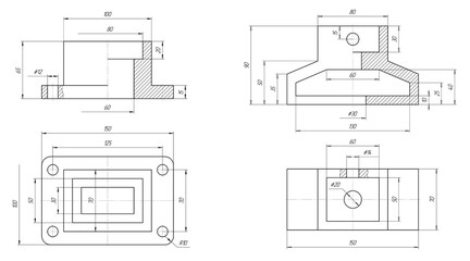 2 Sketch of steel mechanical
parts with through holes and dimensional lines.
Background with engineering cad scheme.
Technical pencil hand drawn drawing
on white paper sheet. Technology design.