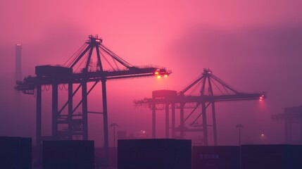Obraz premium Cranes at a bustling port during sunset