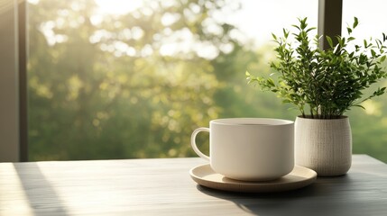 Cup and plant on wooden table, bright sunlight