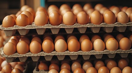 Chicken eggs stacked neatly in trays ready for distribution from a farm warehouse
