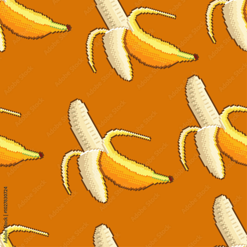 Poster Pixel banana pattern. Vector bright fruit and pixel pattern.