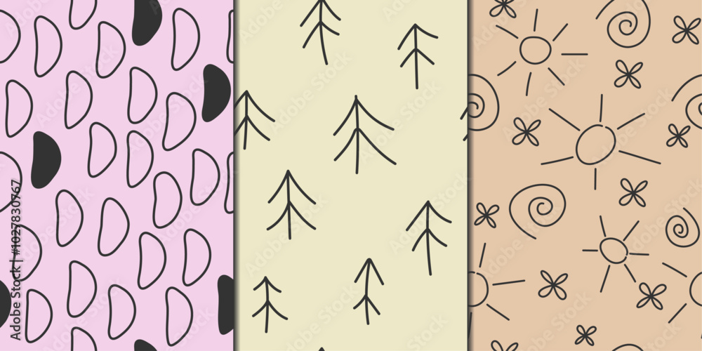Poster a set of three simple patterns. christmas trees, sun with spirals. pastel colors and painted backgro