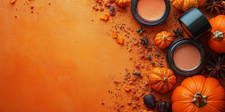 Autumn-themed pumpkin spice cosmetics displayed on a rustic table with fall leaves and pumpkins in the background. Perfect for Halloween skincare promotions, creams, or beauty products backgound