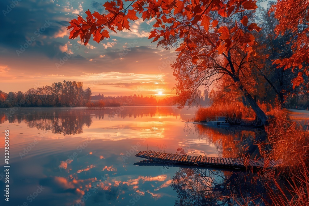 Poster the sun sets in a blaze of color, casting vibrant reflections on the tranquil lake surrounded by aut
