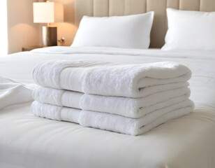 Stack of white towels lying on a bed in a modern room near a lamp and pillows