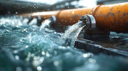 A series of industrial pipes are captured as they release water, glistening under natural light, emphasizing the intersection between man-made structure and nature.