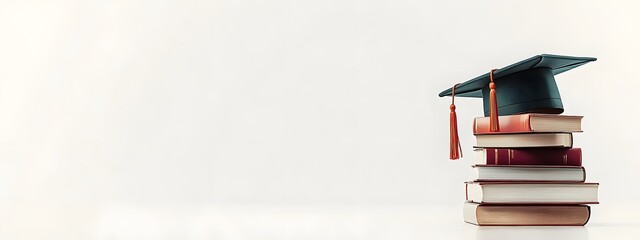 Photo of a graduation cap and books on top, representing education against a white background with copy space