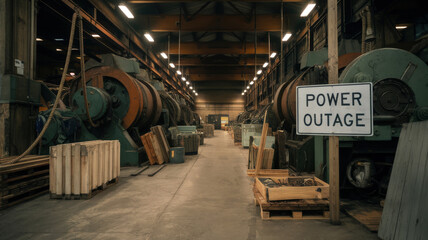 Industrial warehouse interior with machinery and a power outage sign.