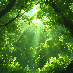 Lush green rainforest with thick vines and sun rays piercing through canopy, creating serene and vibrant atmosphere. interplay of light and foliage evokes sense of tranquility and wonder