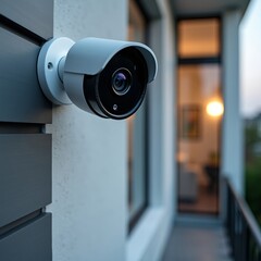 Close-up of security camera mounted on wall in front of modern residential home, outdoor surveillance system.