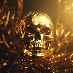 Golden human skull on a golden background. Shining background for the holiday of the dead in October in Halloween.