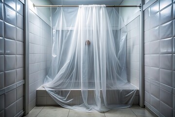 Aerial view of a white plastic curtain texture in a bathroom creating a scary and eerie scene, texture, scary, view, eerie, curtain, scene, bathroom, plastic