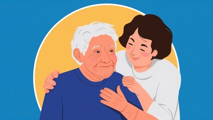 Obraz premium Illustration of a caregiver comforting an elderly person, symbolizing care for Alzheimer's or dementia patients.