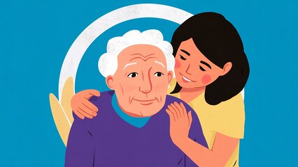 Illustration of a caregiver comforting an elderly person, symbolizing care for Alzheimer's or dementia patients.
