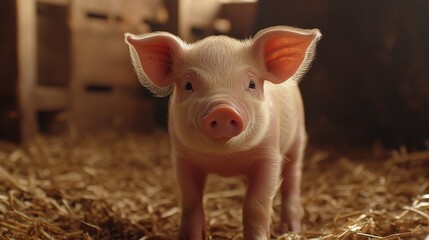 Close-up of a newborn piglet exploring its nursery pen under watchful farm supervision