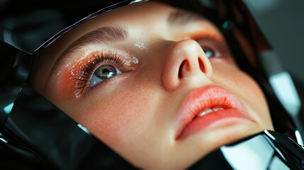 An upward angle photograph of an individual looking upwards while wearing a glossy astronaut helmet, blending mystery, reflection, and futuristic exploration themes.