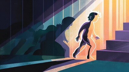 Overcoming Inner Struggles, a Silhouette Walking Toward Light on a Staircase, Symbolizing Overcoming Personal Challenges.
