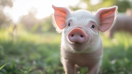 Fototapeta premium Close-up of a piglet with a playful expression, captured during its nursery exploration