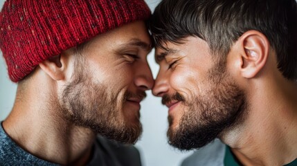 Fototapeta premium Close-up of two bearded men with eyes closed sharing an intimate and joyful moment, highlighting the essence of friendship and love.