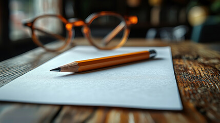 Fototapeta premium Creative Workspace: Pencil, Paper, Glasses, and Smartphone on Wooden Table. Generative AI