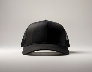 Blank trucker hat mockup isolated on a dark white greyish background front view