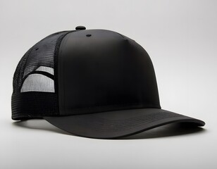 Black trucker hat mockup side view isolated on greyish background 