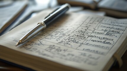 Close-up of an engineering students notebook filled with mathematical equations and technical drawings