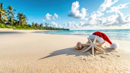 Obraz premium Starfish wearing a Santa hat on a sandy beach with tropical backdrop.