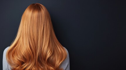 Fototapeta premium Woman with long, wavy red hair against a dark background.