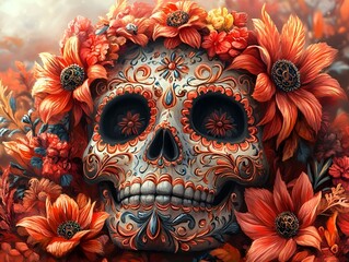 Fototapeta premium Skull Adorned with Beautiful Flowers. 