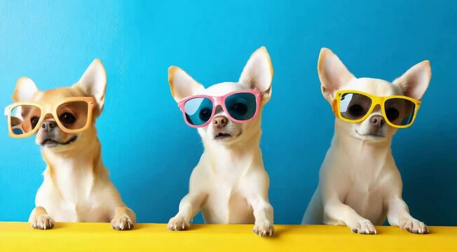 Tr&ecirc;s cachorros chihuahua engra&ccedil;ados usando &oacute;culos escuros coloridos em um fundo azul com uma mesa amarela