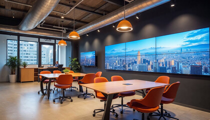 Tech-enabled hybrid office: A modern office space with desking areas, phone booths for private calls, and collaborative zones with large touchscreen displays for both in-person and remote work