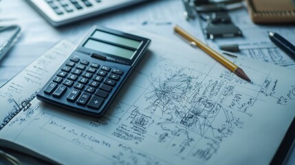 Close-up of mathematical formulas and engineering diagrams on a notebook with a calculator and drafting tools
