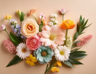 Fototapeta premium creative arrangement with various spring flowers against pastel beige background minimal nature concept