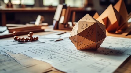 Close-up of mathematical models and engineering diagrams with a focus on geometric shapes and calculations