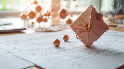 Close-up of mathematical models and engineering diagrams with a focus on geometric shapes and calculations