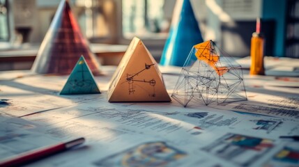 Close-up of mathematical models and engineering diagrams with a focus on geometric shapes and calculations