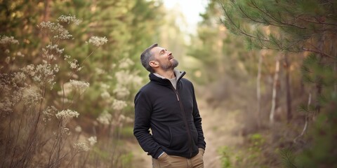 Obraz premium A man is standing in a forest, looking up at the sky. He is wearing a black jacket and brown pants. Scene is peaceful and serene, as the man is enjoying the beauty of nature