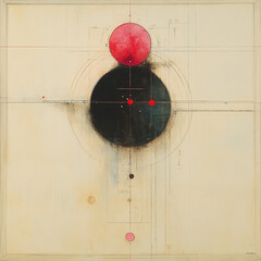 Abstract geometric composition featuring large black circle, red circle, and smaller colored dots on light beige background. design evokes sense of balance and harmony