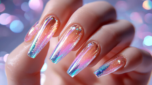 3D nail art of diamond and hologram nail design Nail design closeup hand art acrylic gel manicure fingernail nail design abstract Realistic 3D illustration