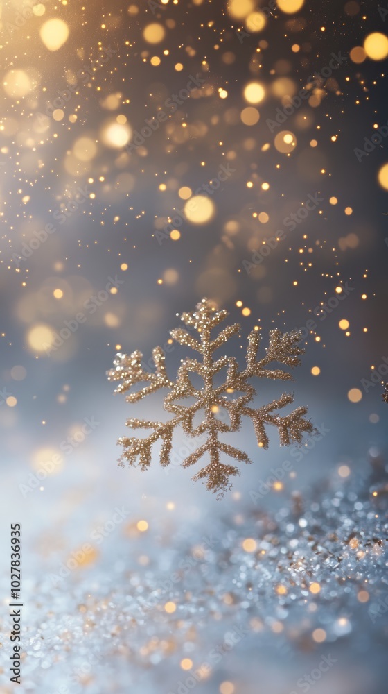 Poster Vertical glittering snowflake with golden bokeh and sparkling snowflakes in the background. Ideal for Christmas and New Year.