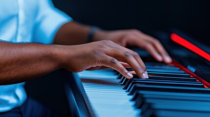 Obraz premium Musician playing the piano in a concert hall, illustrating the dedication and artistry involved in performing arts