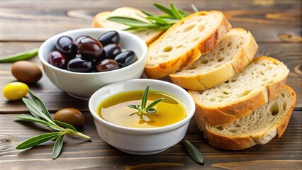 A small white bowl filled with golden olive oil and dark balsamic vinegar is accompanied by a plate of assorted bread slices for delicious dipping, plate, assorted, white, bread