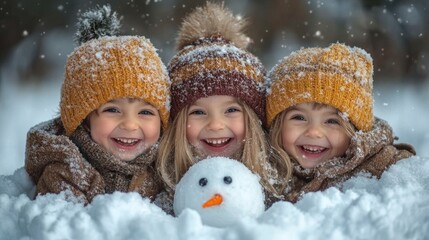 Children playing in the snow, building a snowman and laughing, highlighting the playful and magical spirit of winter holidays