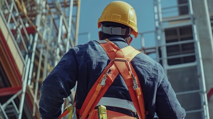 Construction worker using a safety harness and helmet on a high scaffold, with safety barriers and equipment clearly visible