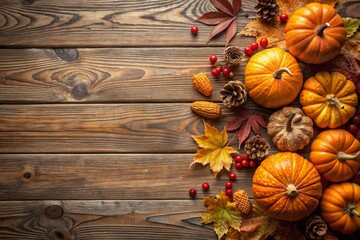 A wooden table with a variety of fall fruits and vegetables, including pumpkins