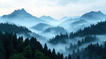Obraz premium Misty mountains and lush green forest.