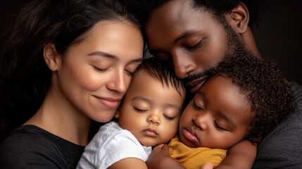 A mother and father hold their two sleeping children closely, showcasing the depth of their love in a tender moment filled with warmth and connection