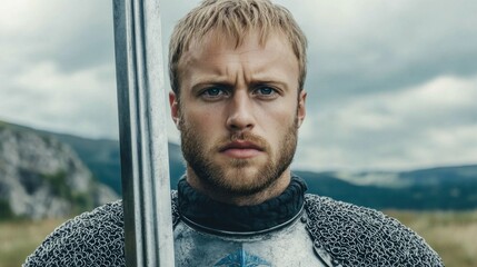 The knight gazes intently ahead, clad in shimmering chainmail armor, with a sword raised beside him. The mountainous terrain adds a bold contrast to his determined expression